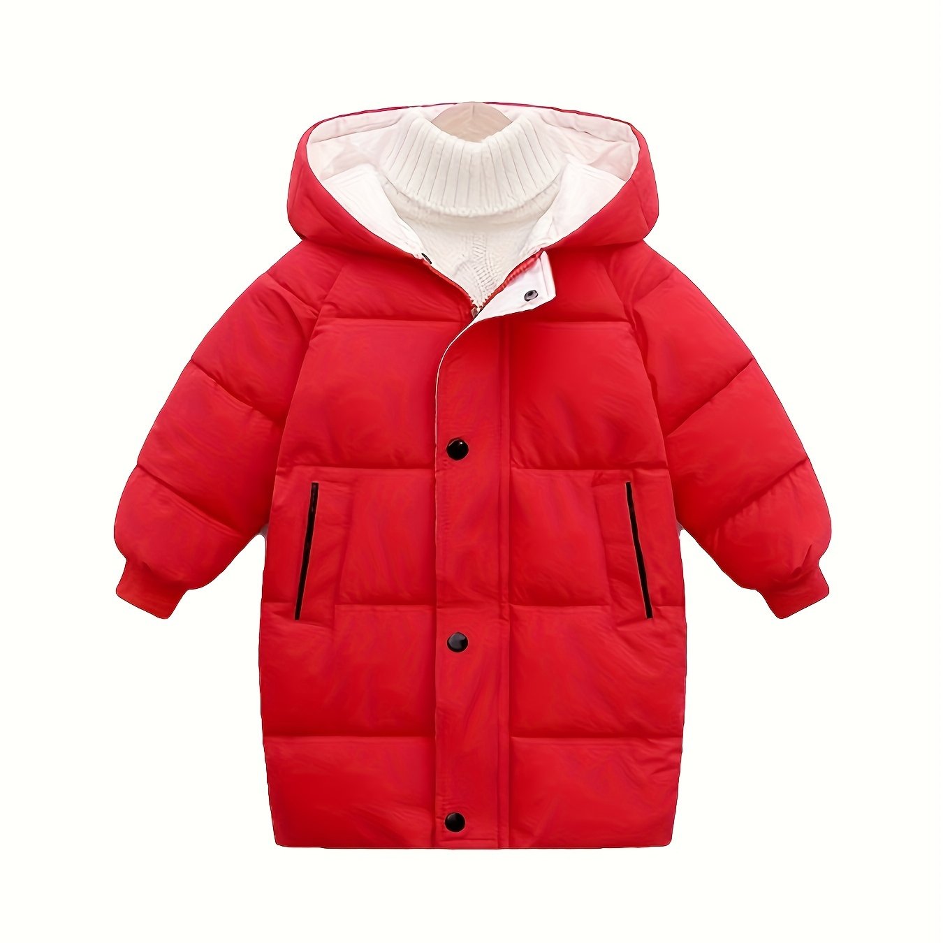 Kids' mid-length hooded coat made of 100% windproof polyester for warmth in fall/winter. Casual style with zipper and regular fit. Solid color raglan sleeves and thick material.