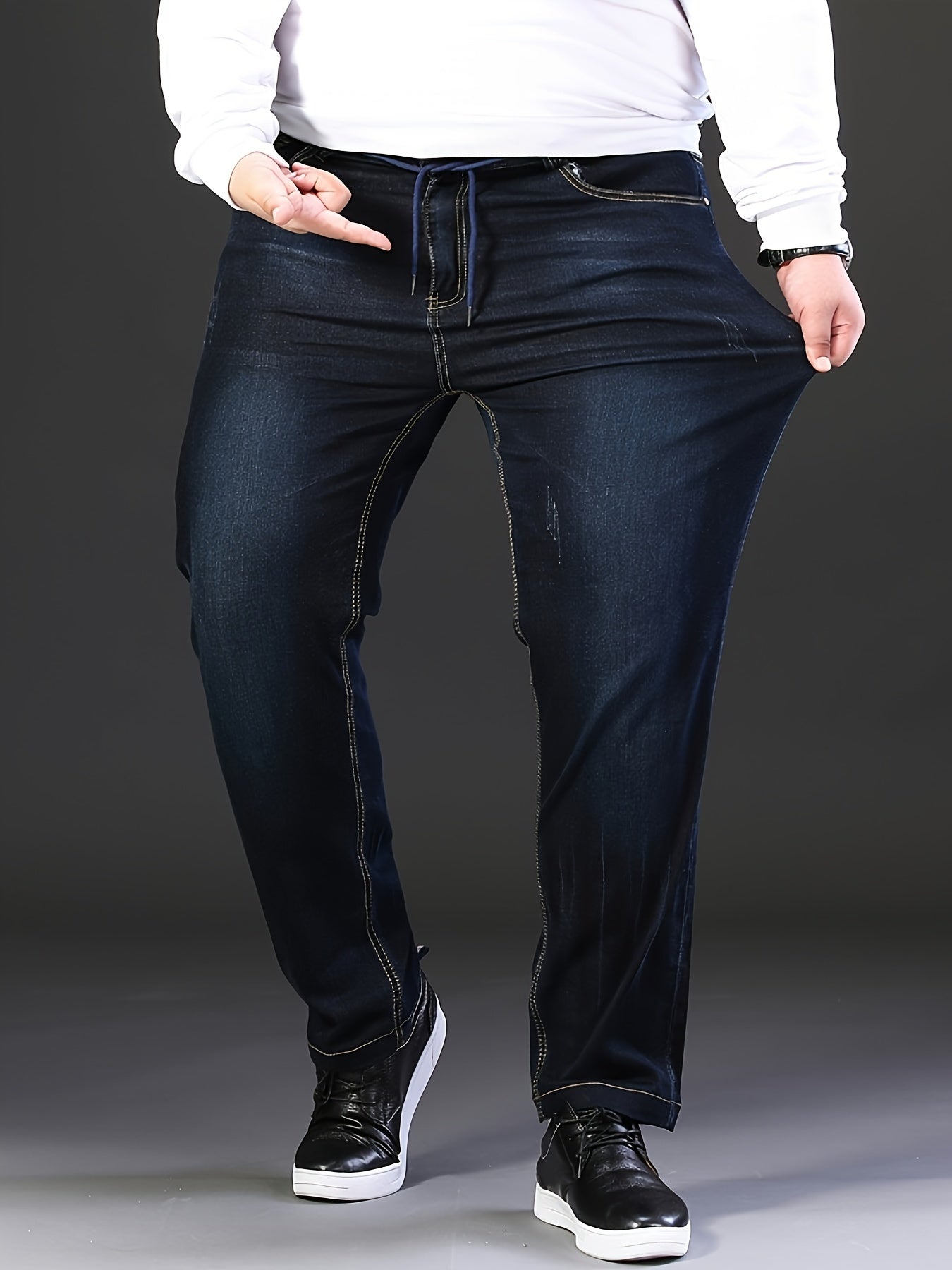 Stretchy ribbed elastic waist jeans for men, perfect for business casual wear. Plus size available.