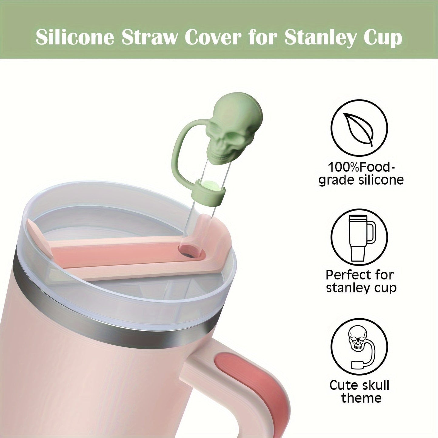 These adorable silicone skull-designed straw caps are designed for Stanley Cups and come in a set of 3/6. Each cap fits 10mm straw heads, is dustproof, and can be reused. They make perfect gifts for Halloween and Christmas.