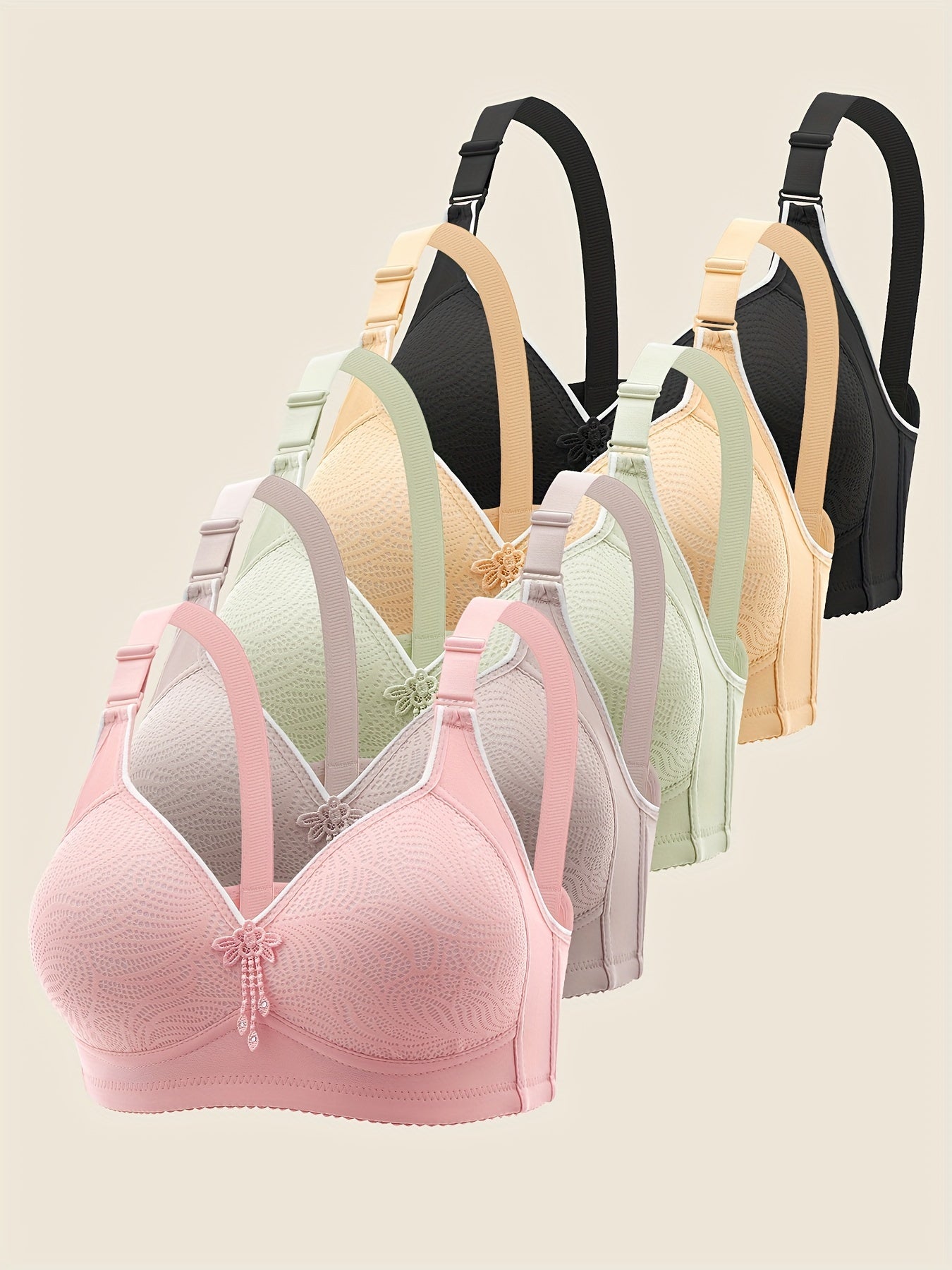 5-pack of printed wireless bras with adjustable straps, no underwire, assorted colors