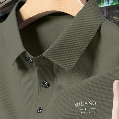 Men's Milan Italy Graphic Shirt, Dark Gray Waffle Knit Short Sleeve with Button-Collar for Summer Business Casual Style.