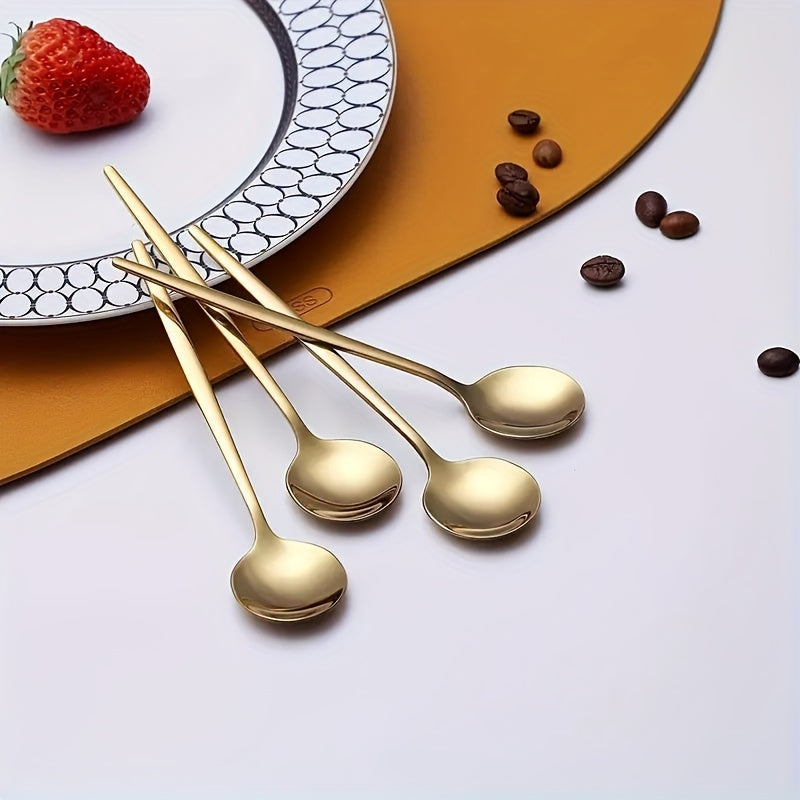 Get a set of 6/12 Gold-Tone Stainless Steel Dessert Spoons, ideal for use with coffee, tea, and other beverages. They are dishwasher safe, making them convenient for use in both home kitchens and restaurants. Perfect for special occasions such as