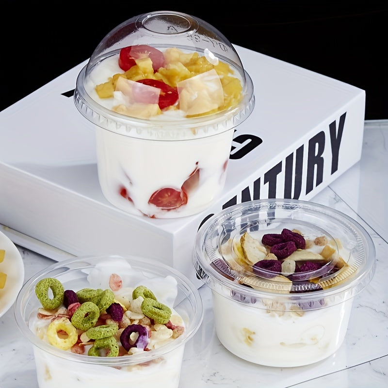 50 to 100 pieces of plastic dessert cups with dome lids, featuring no holes. These clear portable parfait cups are perfect for serving yogurt, pudding, jello, ice cream, fruit, and more. They are leak-proof, disposable containers ideal for takeout, home