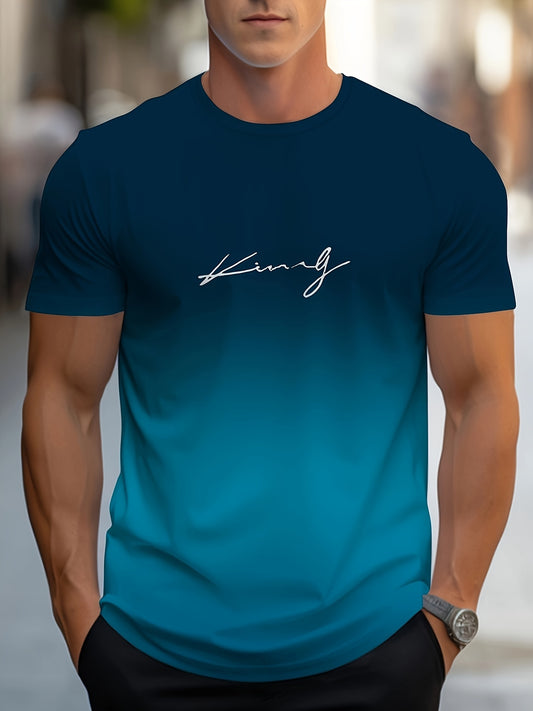 Men's "KING" Gradient Color Graphic Tee - Casual Polyester Short Sleeve Crew Neck T-Shirt ideal for summer outdoor wear.