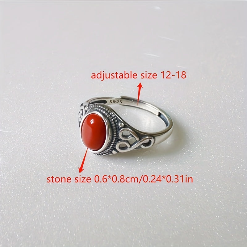 A stylish women's ring with a retro ethnic design, featuring a 925 Silvery inlay and a synthetic red coral stone. Ideal for both everyday wear and special occasions, making it a great gift for Christmas or Valentine's Day.