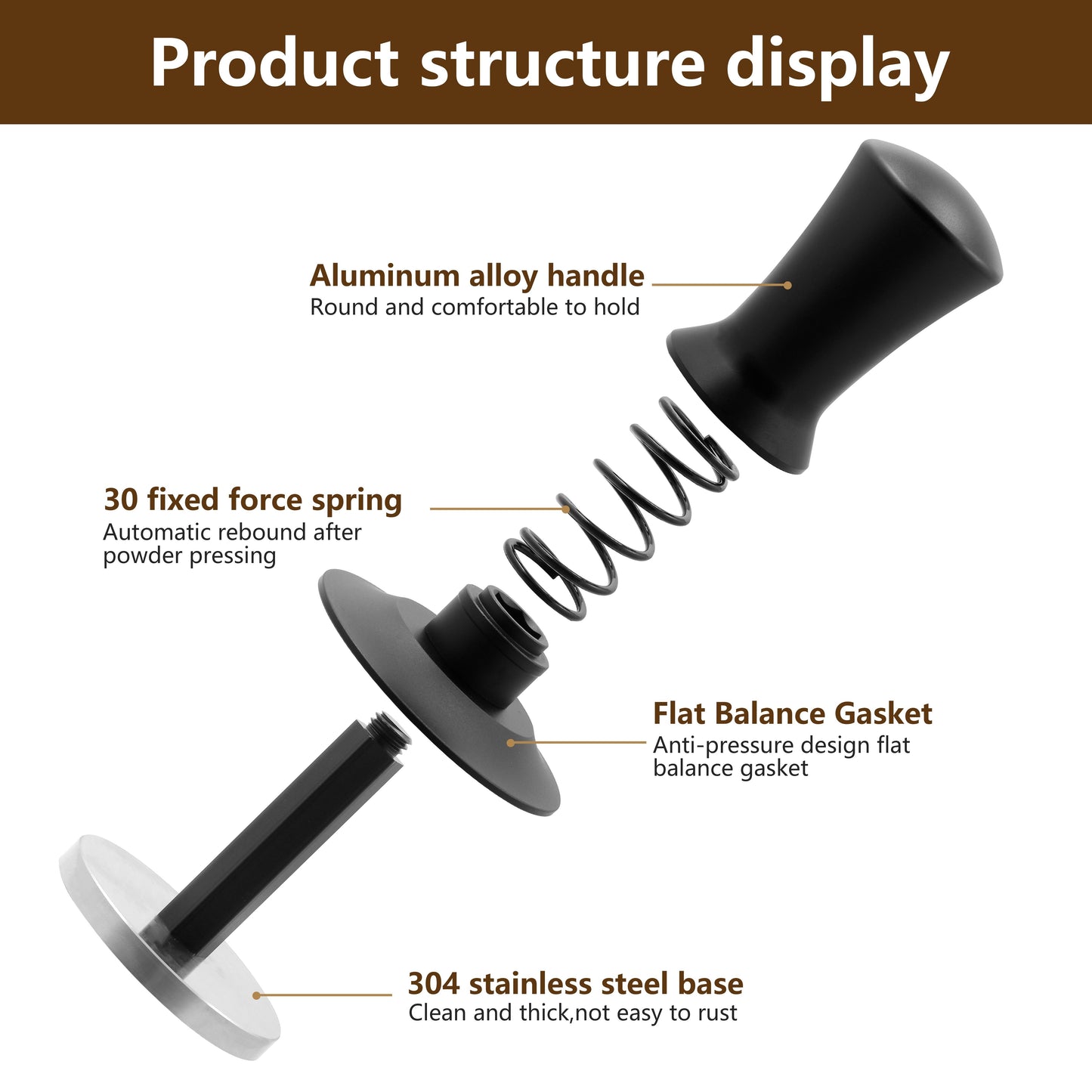 Espresso Tamper Set includes 51/53/58mm sizes, designed for professional baristas. Features spring loaded mechanism and stainless steel base compatible with Rancilio, Gaggia espresso machines.