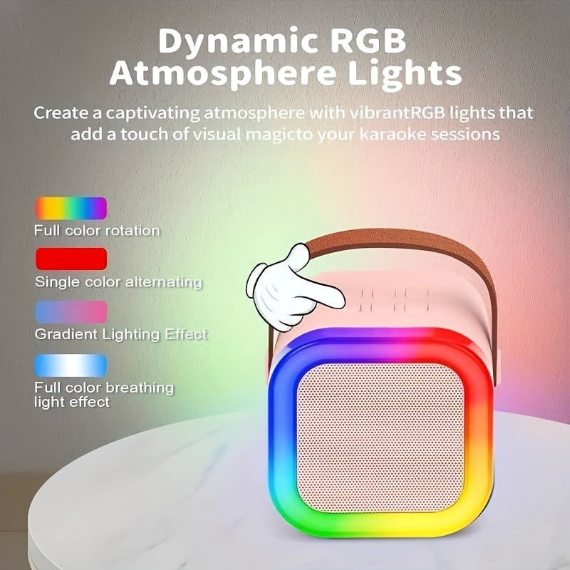 Портативная беспроводная караоке-машина с двумя микрофонами и огнями, USB-заряжаемая, отлично подходит для всех возрастов, идеальна для дней рождения и семейных вечеринок, доступна в кремовом/розовом цвете.