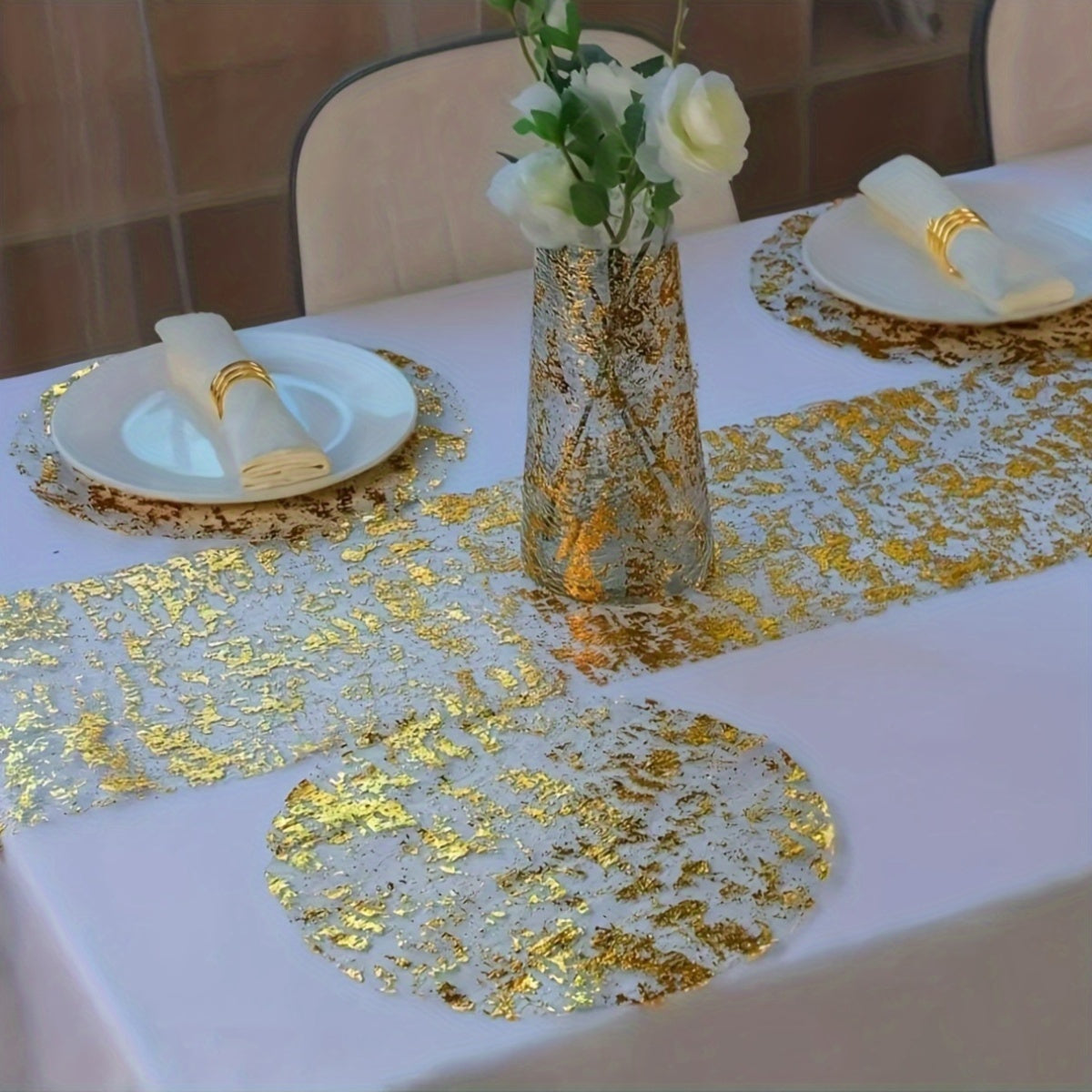 12 Golden Foil Round Placemats for weddings, parties, banquets, and restaurant decor.