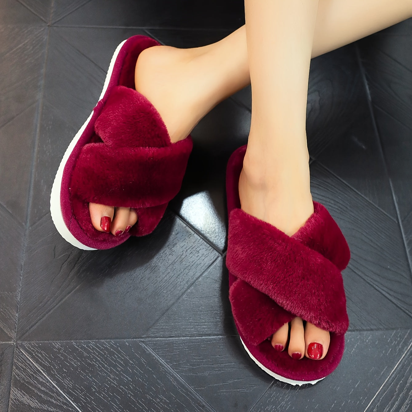 Soft and cozy plush women's slippers with open toe, cross strap design and quiet, warm sole for indoor comfort. Perfect for all seasons.