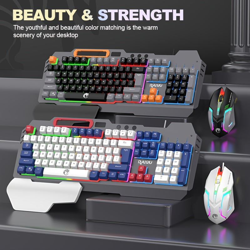 Three colors block wired gaming keyboard and mouse set with optical backlit keyboard for gaming, office, and laptop use.