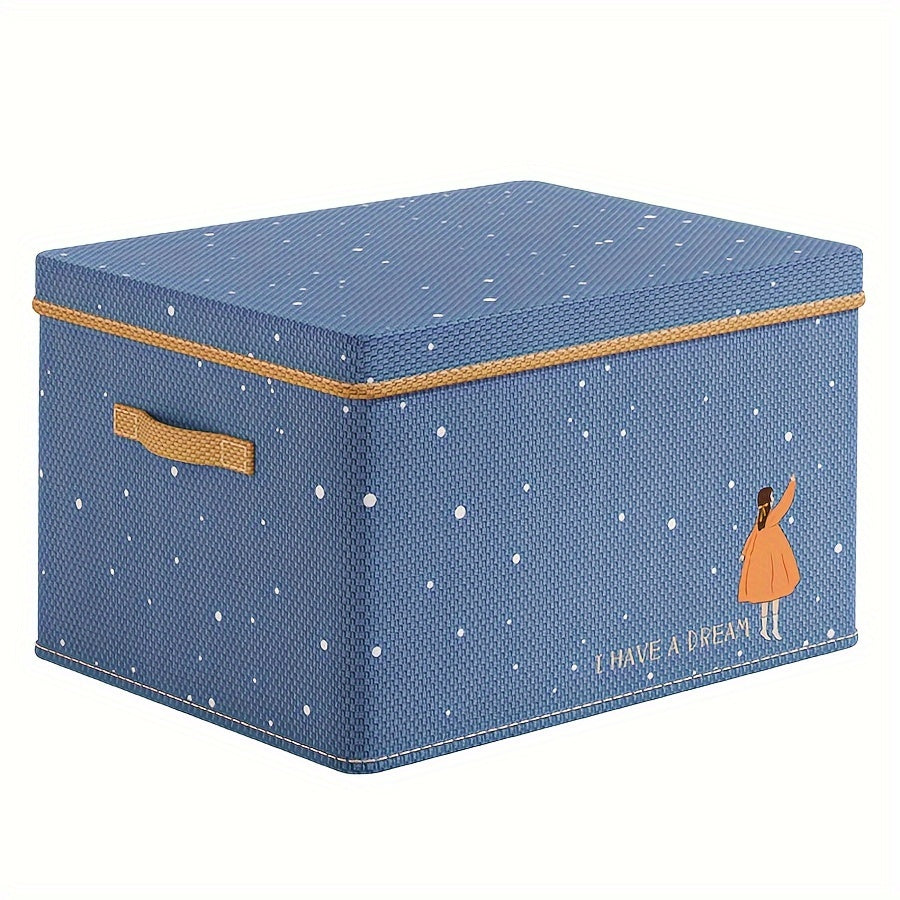 Stylish foldable fabric storage box with lid. Ideal for clothes, toys, and home organization in bedroom, living room, or dorm.