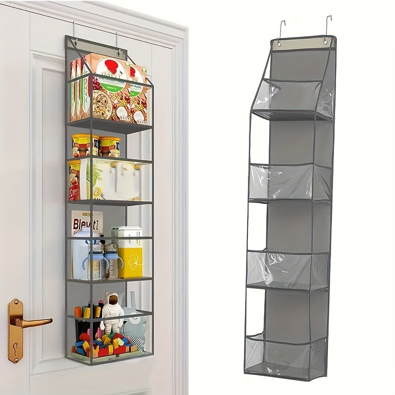 This multifunctional storage set includes four transparent PVC baskets with a stain-resistant material. They are designed to be hung on the back of a door for easy access and are perfect for storing a variety of items, such as food, cosmetics, and