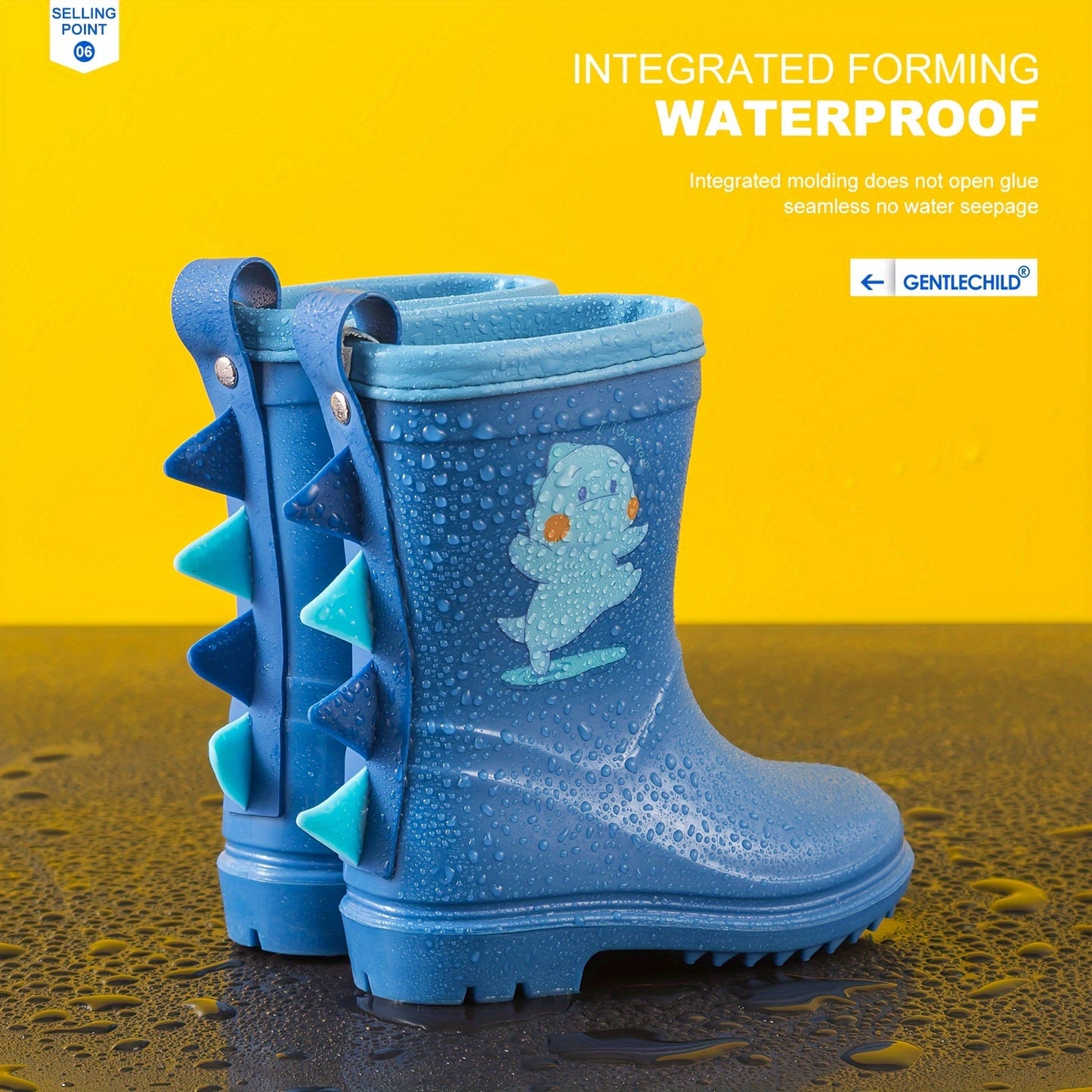 GentleChild Cute Dinosaur Kids' Rain Boots - Waterproof, Non-Slip for Ages 1-8, Ideal for outdoor play and beach adventures.