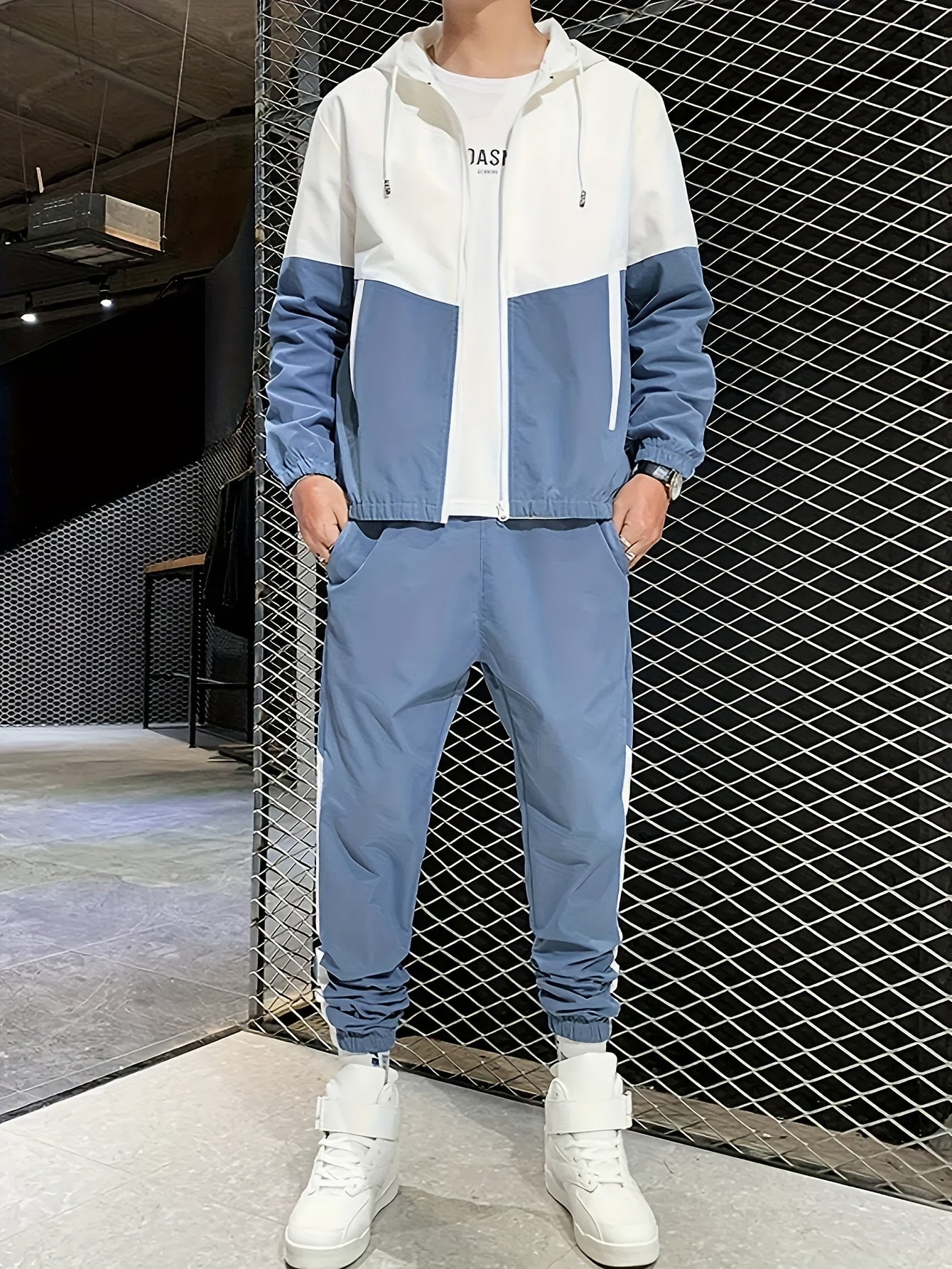 Men's casual athletic hoodie and pants set in blue & white color block design, made of machine washable polyester. Suitable for spring/fall sportswear, everyday activewear with a modern