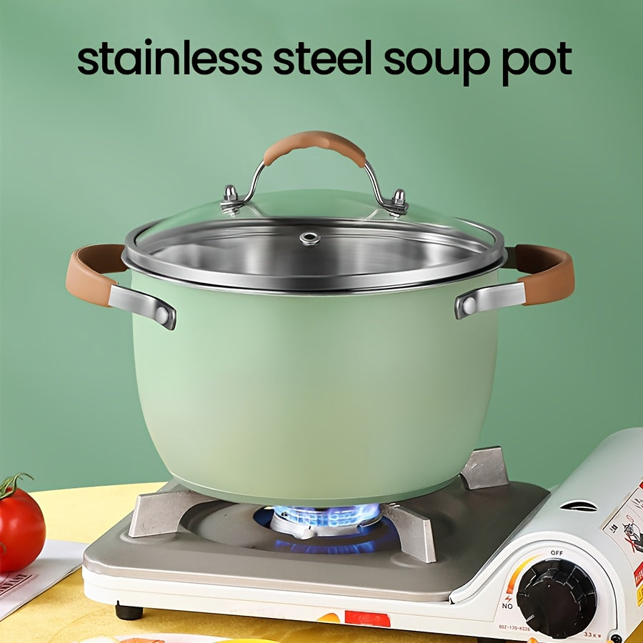 A set of two Stainless Steel Cooking Pots, featuring a Silicone Double Ear design for easy handling. The set includes one Pot and one Pot Lid, both equipped with Silicone Handles and Rivet Reinforcement for added durability. These pots are designed to be