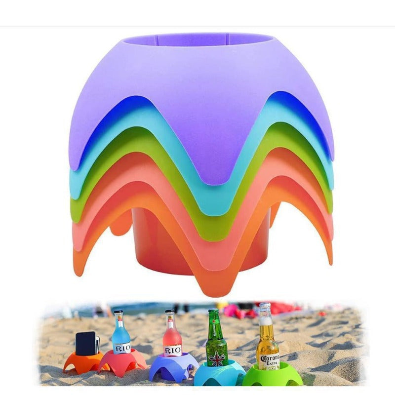 A versatile cup holder designed for outdoor use, this portable plastic tray is perfect for the beach and camping.