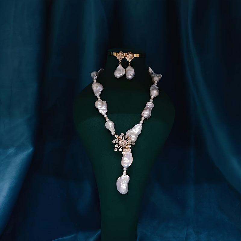 Exquisite Baroque Freshwater Pearl Jewelry Set - Necklace & Earrings featuring Distinctive Shapes, Elegant French-Inspired Design for Special Occasions, Complete with Beautiful Gift Box