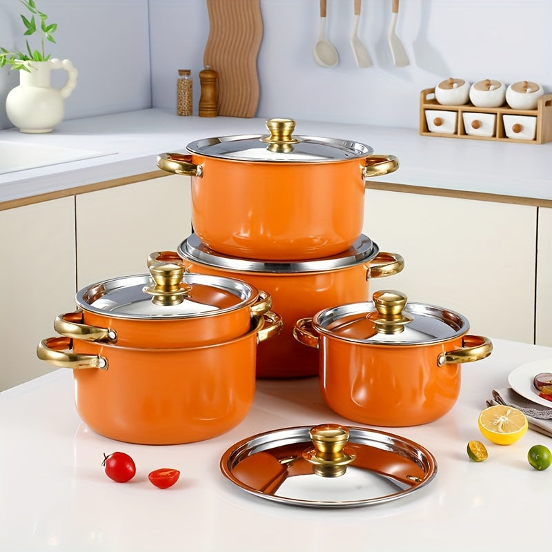 Set of 5 Vibrant Orange Stainless Steel Cookware with Lids - Includes Deep & Thick Soup Pots, Weighing 3.3kg, Suitable for All Stovetops, Perfect for New Year's & Carnival Festivities.