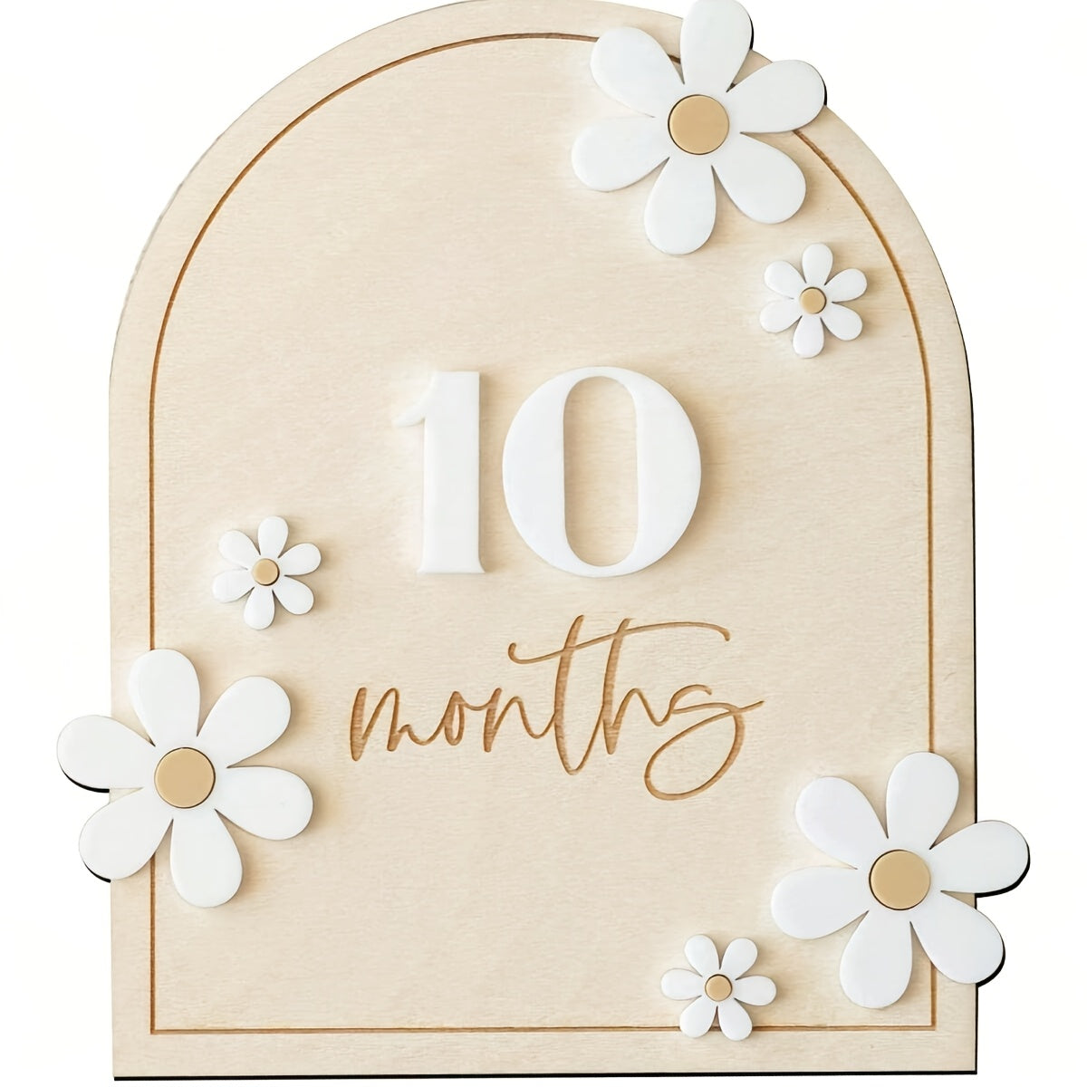 Wooden milestone cards set: track your baby's growth with monthly milestone discs featuring a floral AA design. Perfect for photo props and announcing your little one's first year. Includes discs for each month from 1 to 12.