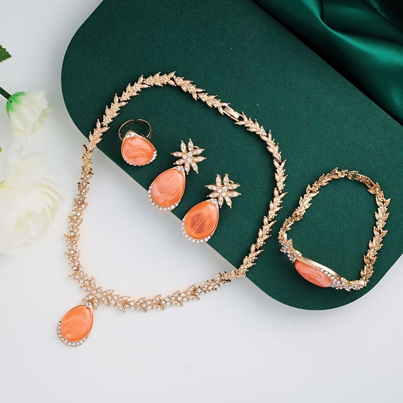 Experience luxury with our 18K Gold Plated Alloy Jewelry Set adorned with sparkling rhinestones. This 4-piece set oozes elegance and is perfect for your vacation outfits. Ideal for weddings, gifts, and Valentine's Day, our Gold Plated Bridal Party Sets