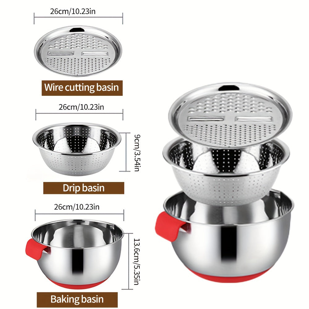 Set of 3 food strainers with silicone handles, includes grating basin, mixing bowl, and colander. Also includes a non-slip cream whipping container with measuring marks, all made of stainless steel.