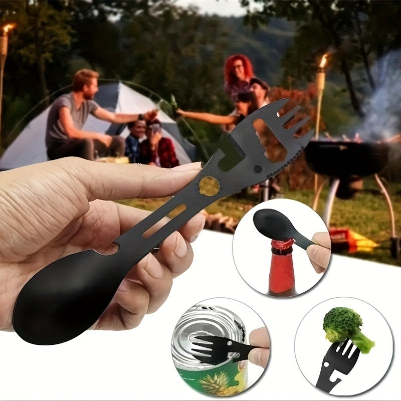 Portable stainless steel utensil with 10 functions for outdoor activities.