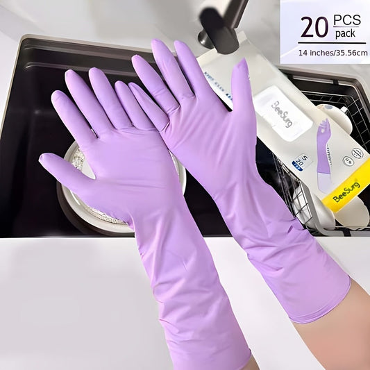 A package of 20 nitrile cleaning gloves with 14-inch long sleeves, waterproof, extra thick, highly elastic, ambidextrous, powder-free. Ideal for use in the kitchen, bathroom, outdoor, pet supplies, offering antibacterial protection for spot-cleaning.