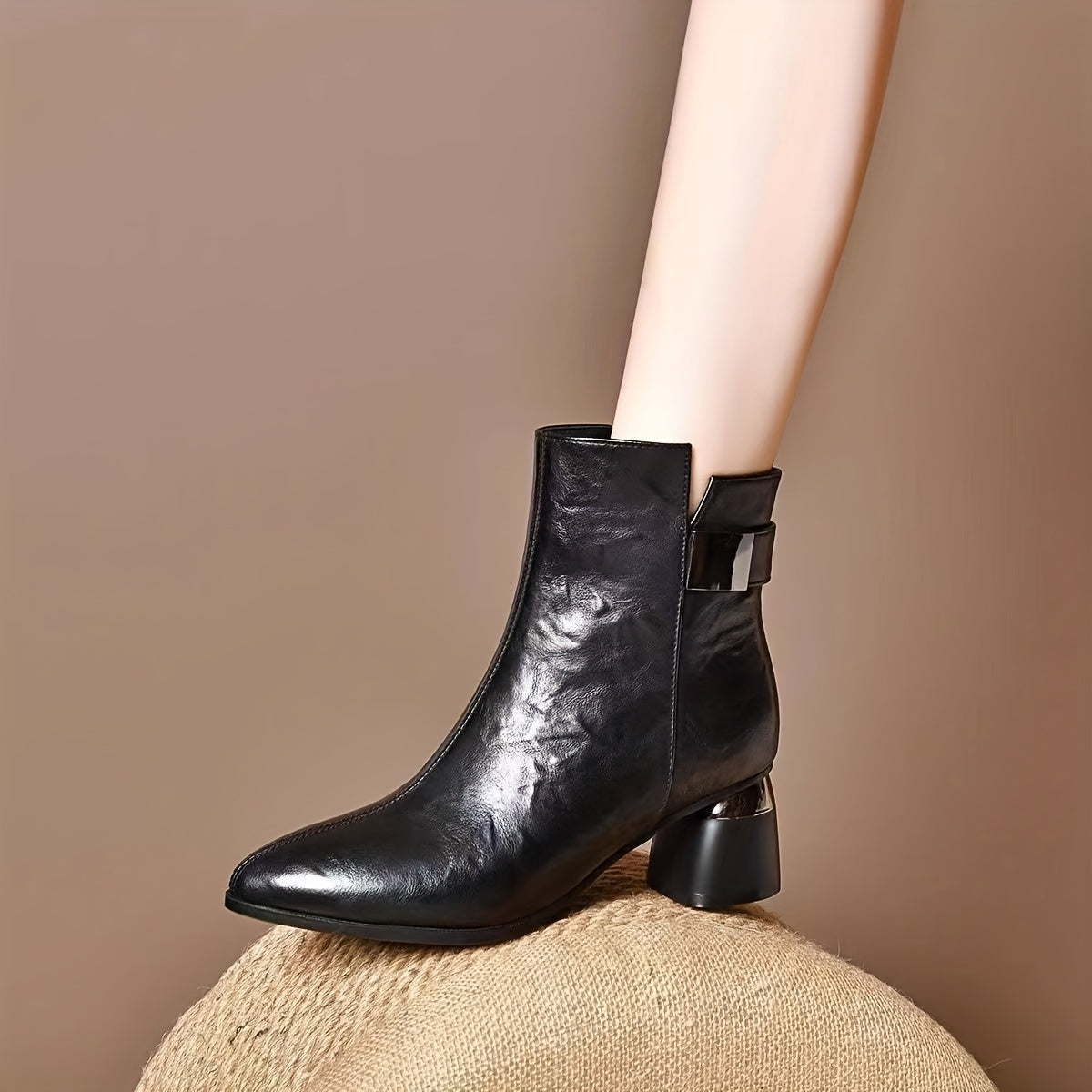 Stylish ankle boots for women with chunky heel, faux leather, pointed toe, side zipper, rubber sole