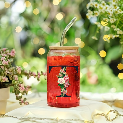 Alphabet flowers drinking glass with bamboo lid and straw, ideal birthday gift for women, friends, girls. 16 oz coffee glass, perfect for moms.