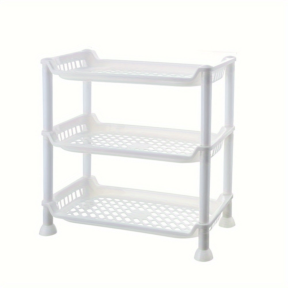 Plastic bathroom vanity organizer shelf for makeup, toiletries, and sundries storage in the bathroom.