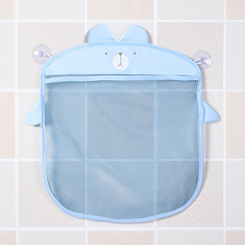 Mesh bag with suction cups for bathroom use, featuring cute cartoon animal shapes for storing cloth items and sand in the shower or bath.