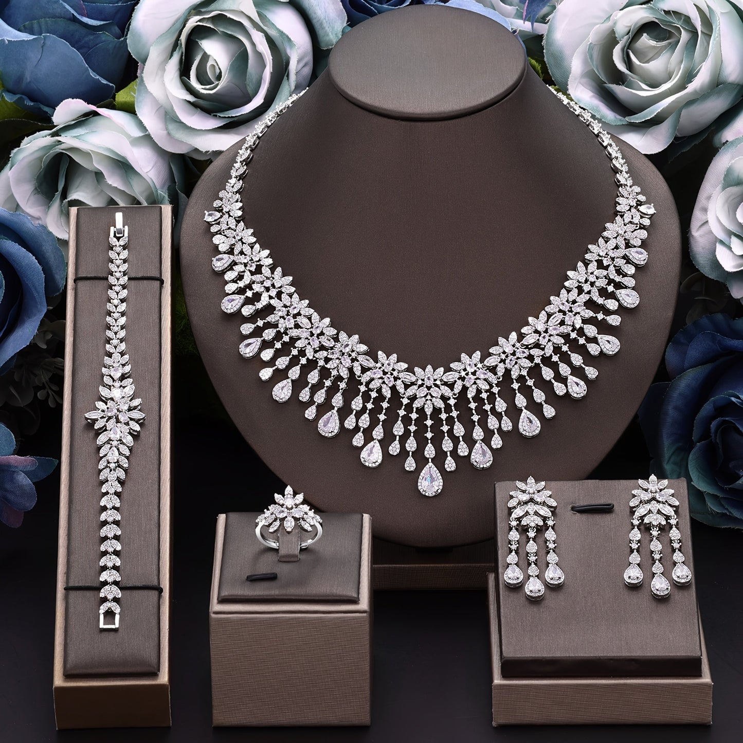 Elegant Platinum Plated Copper Bridal Jewelry Set with Zirconia - Includes Necklace, Bracelet, And Earrings for Weddings, Ramadan, and Special Events