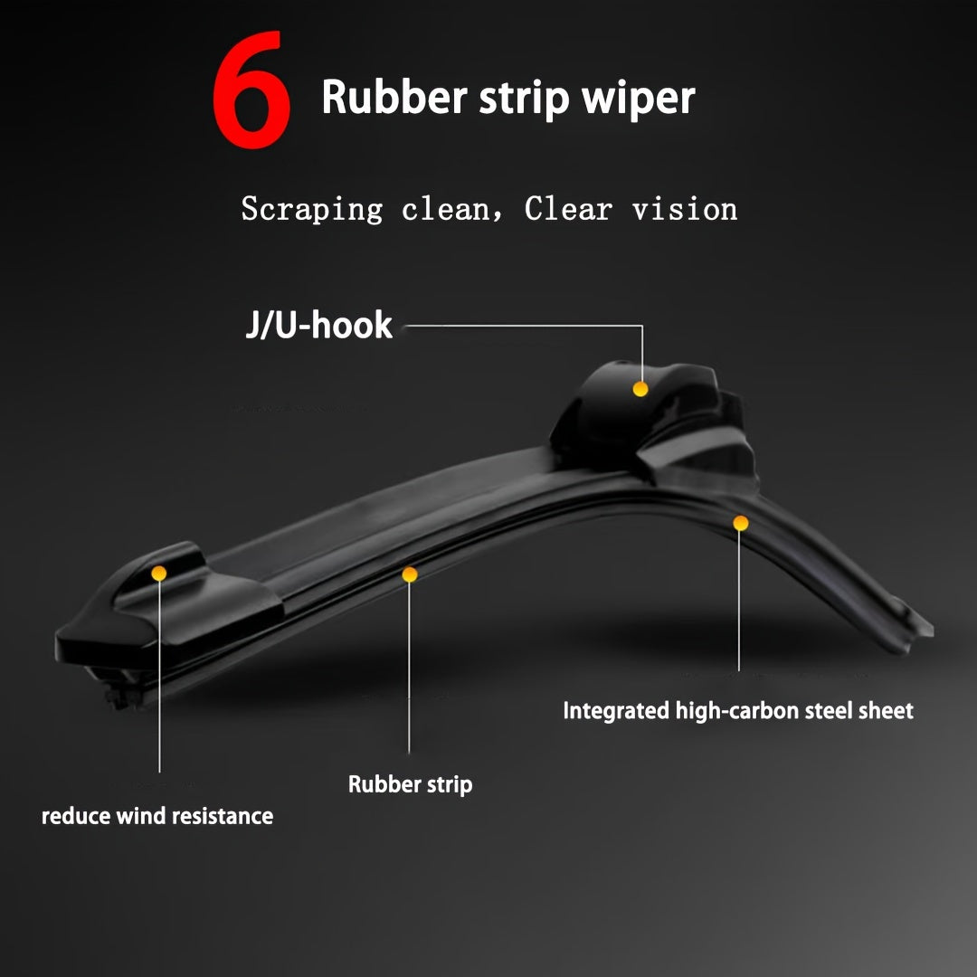 Universal fit 6-layer rubber blade wiper with J/U hook type, compatible with 99% of vehicle models, available in sizes 35.56-71.12cm.