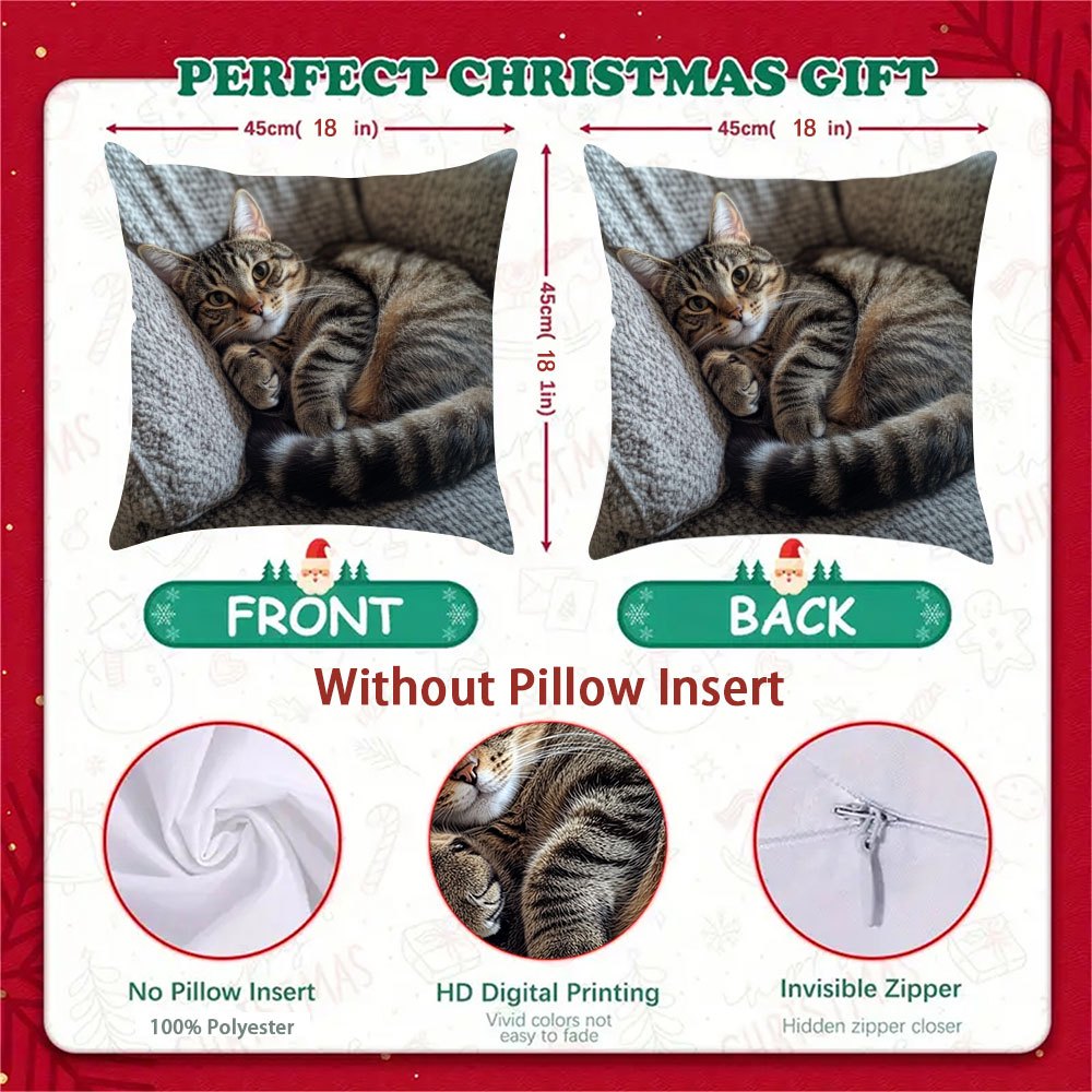 Tabby Cat Throw Pillow Cover featuring a friendly design - Double sided printing, made from short fleece fabric perfect for winter. This contemporary decor cushion case comes with a zipper for easy removal. Great for Christmas season. Note: Insert not