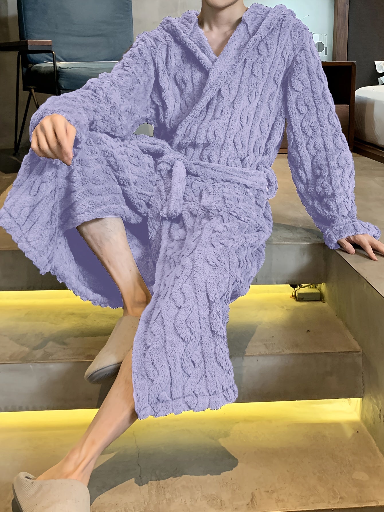 Men's hooded fleece robe for autumn and winter comfort. Soft plush texture, machine washable.