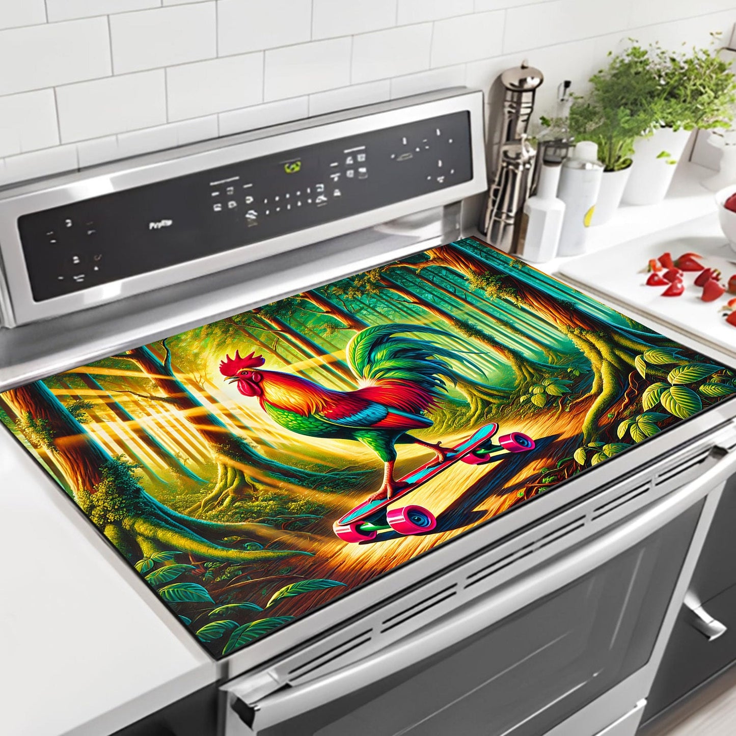 Protect your appliances with the 1pc Spring Rooster Skateboard Design Anti-Slip Waterproof Stove Cover. This heat-resistant cover provides scratch protection for electric stoves, washing machines, dryers, and ironing mats. Easy to clean and no battery