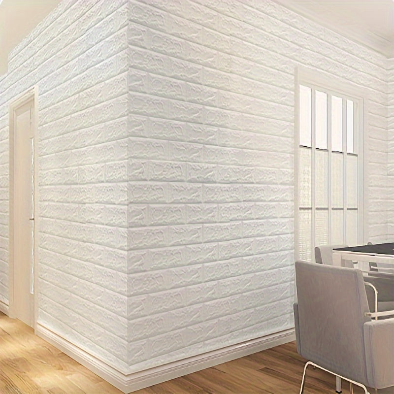 1 self-adhesive 3D foam wallpaper roll with retro brick pattern that is waterproof and oilproof, suitable for DIY furniture refurbishment in living rooms, kitchens, and bedrooms.