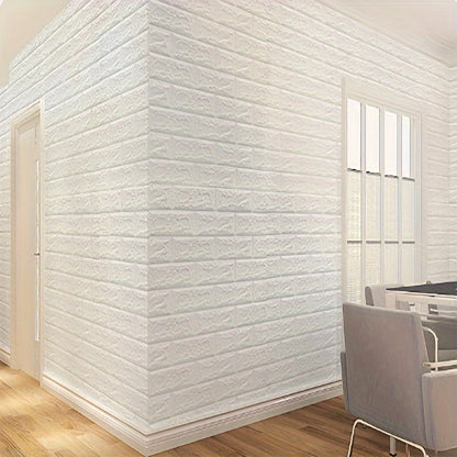 1 self-adhesive 3D foam wallpaper roll with retro brick pattern that is waterproof and oilproof, suitable for DIY furniture refurbishment in living rooms, kitchens, and bedrooms.