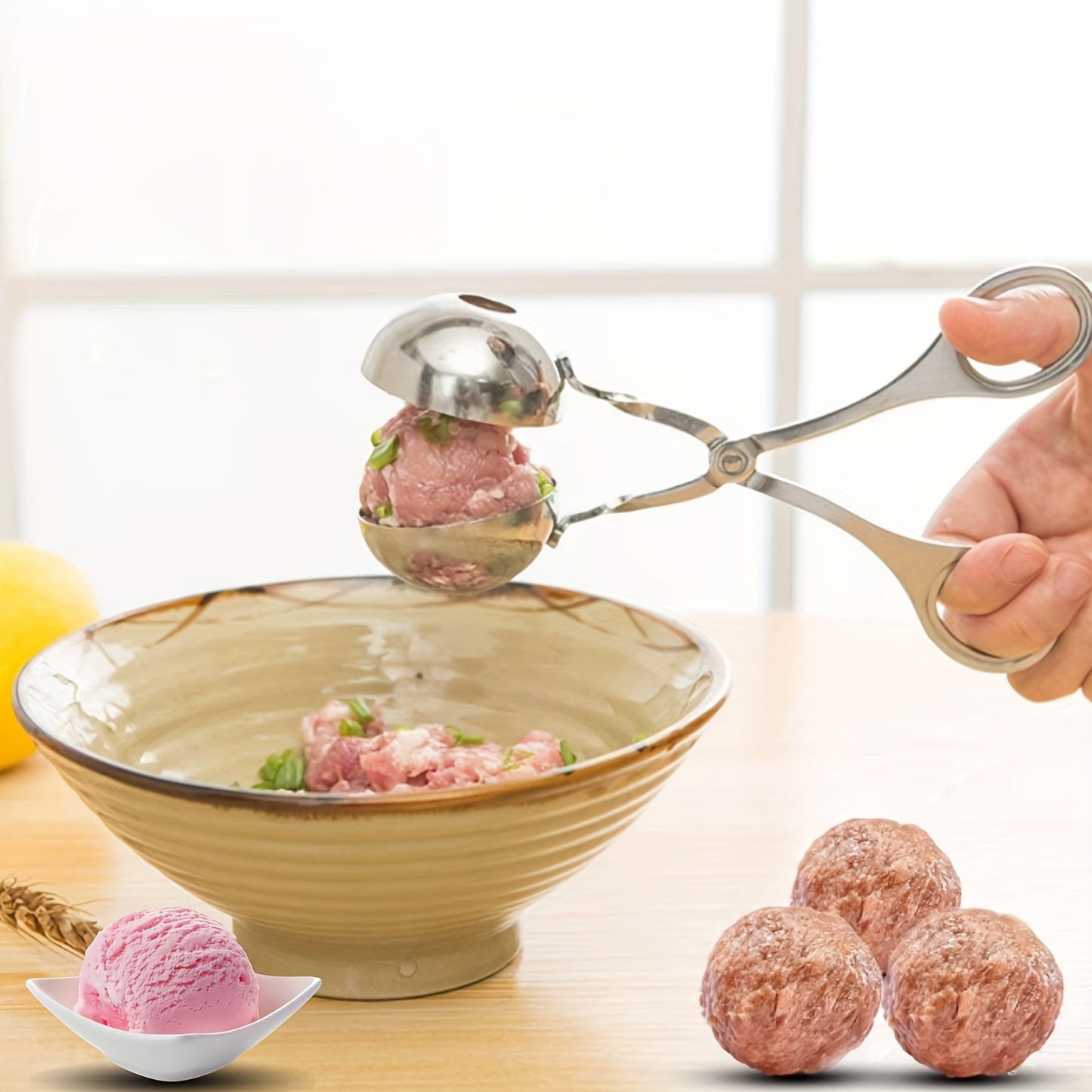 Stainless steel meat ballers with anti-slip handles for making meatballs, rice cakes, cookie dough scoops.