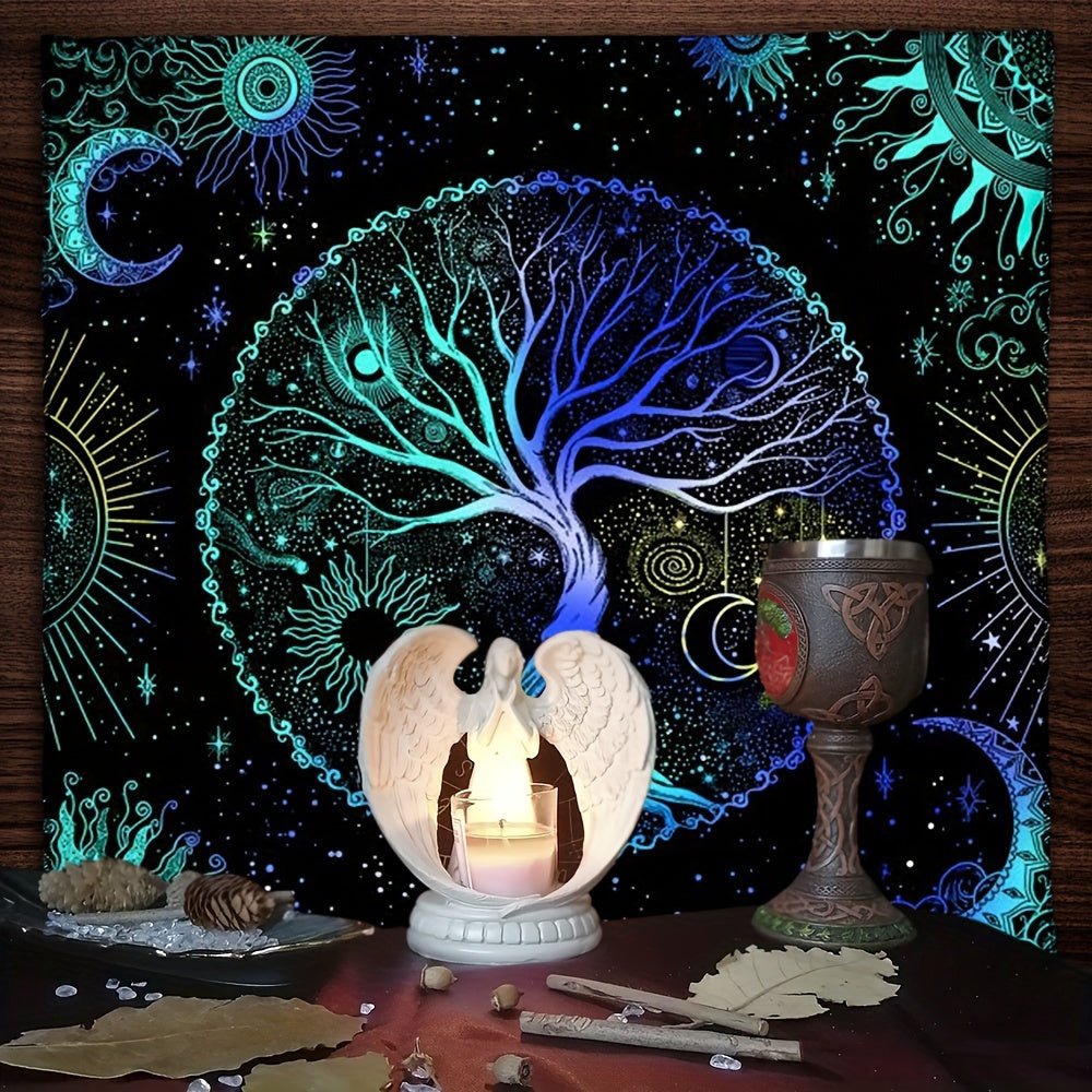 1pc Tarot Tablecloth featuring life tree and moon phase designs, suitable for tarot readings, altar cloths, witchcraft, table games, and room decoration.