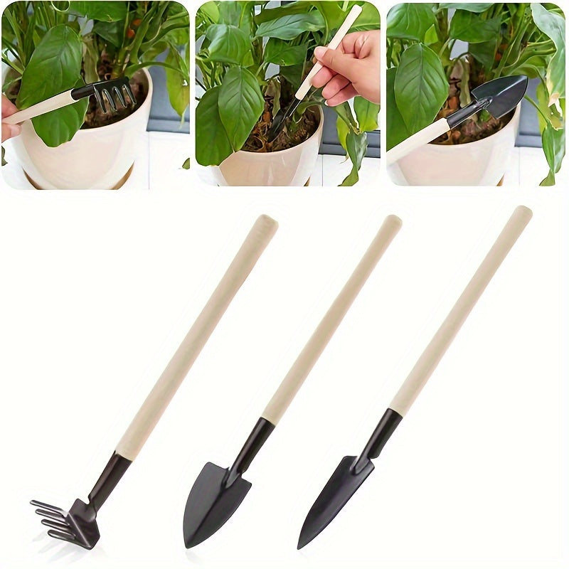 Three-piece set of mini gardening tools: multi-function shovel, harrow shovel, and household plant pine soil shovel.