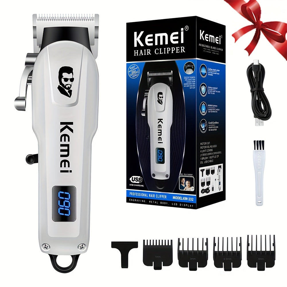 Kemei Electric Hair Clipper with LED LCD, Rechargeable, 6-inch Trimmer, Portable Carving Oil Clippers, Lithium Battery, Includes Limit Comb, for Home & Car Use