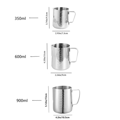 The Stainless Steel Coffee Art Cup is perfect for creating beautiful latte art, cappuccinos, and iced teas. Featuring convenient measurement marks and a large capacity, this milk frothing pitcher is available in 350ml, 600ml, and 900ml sizes.