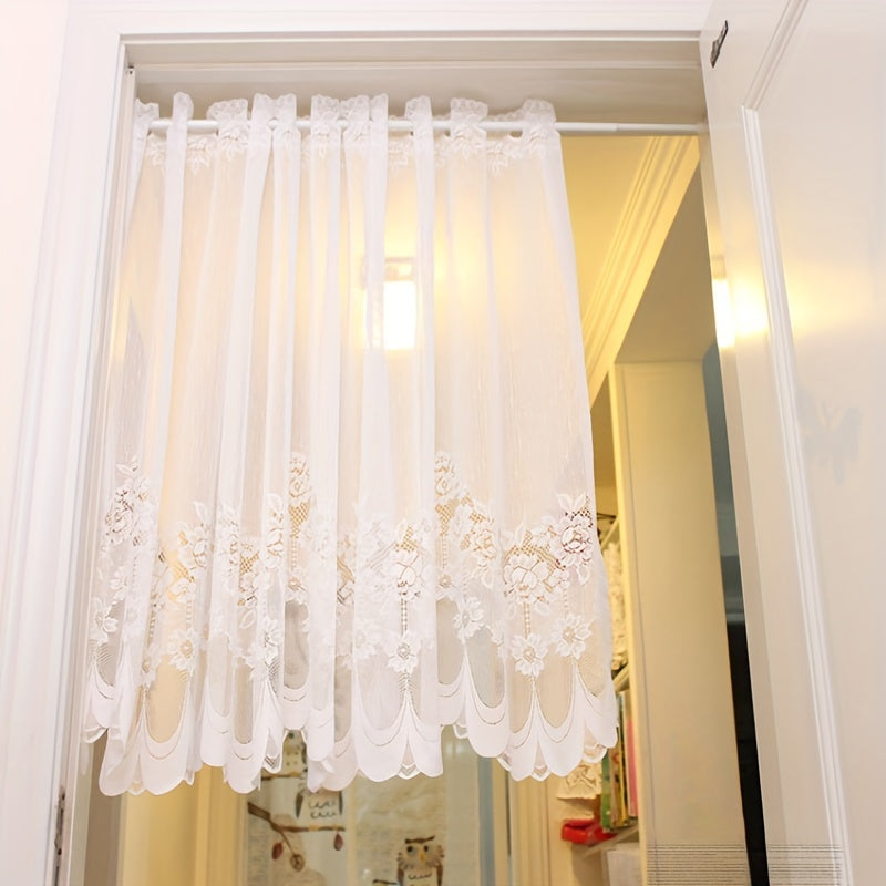 Bring elegance to your windows with our 1-piece White Lace Sheer Curtain featuring delicate floral patterns. This curtain has a rod pocket, scalloped bottom, and is made of lightweight polyester voile, perfect for dining rooms and kitchens. It is