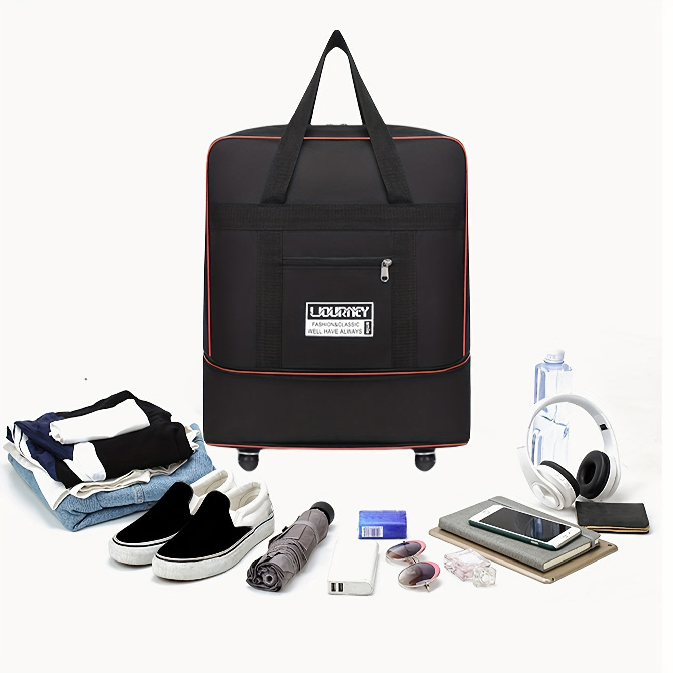 Foldable travel luggage bag with wheels for business trip, study abroad, and travel. Large storage capacity, expandable and portable.