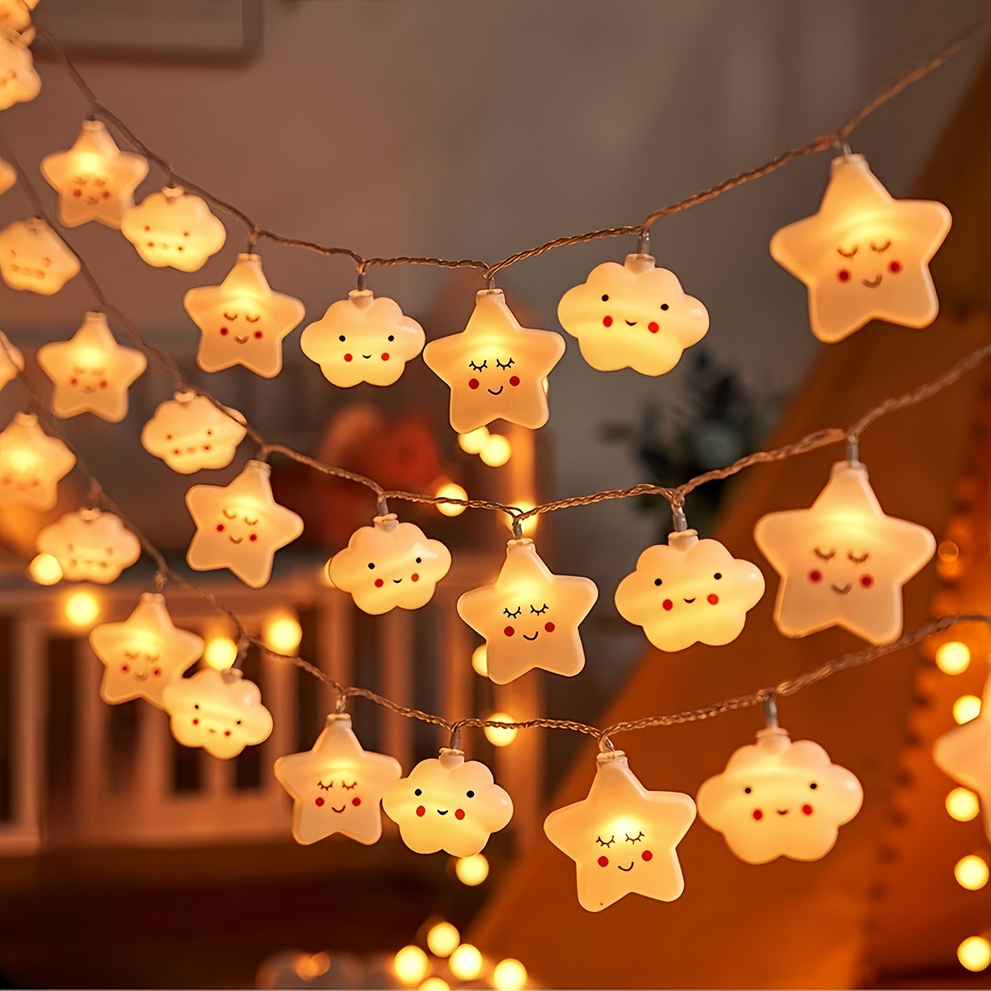 Star and cloud string lights require batteries (not included).