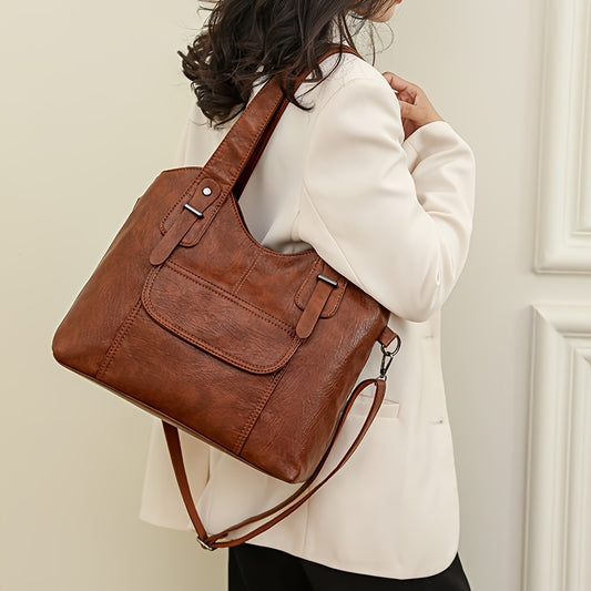 Vintage Solid Color Tote Bag featuring soft PU leather, with zipper closure and crossbody strap for women.