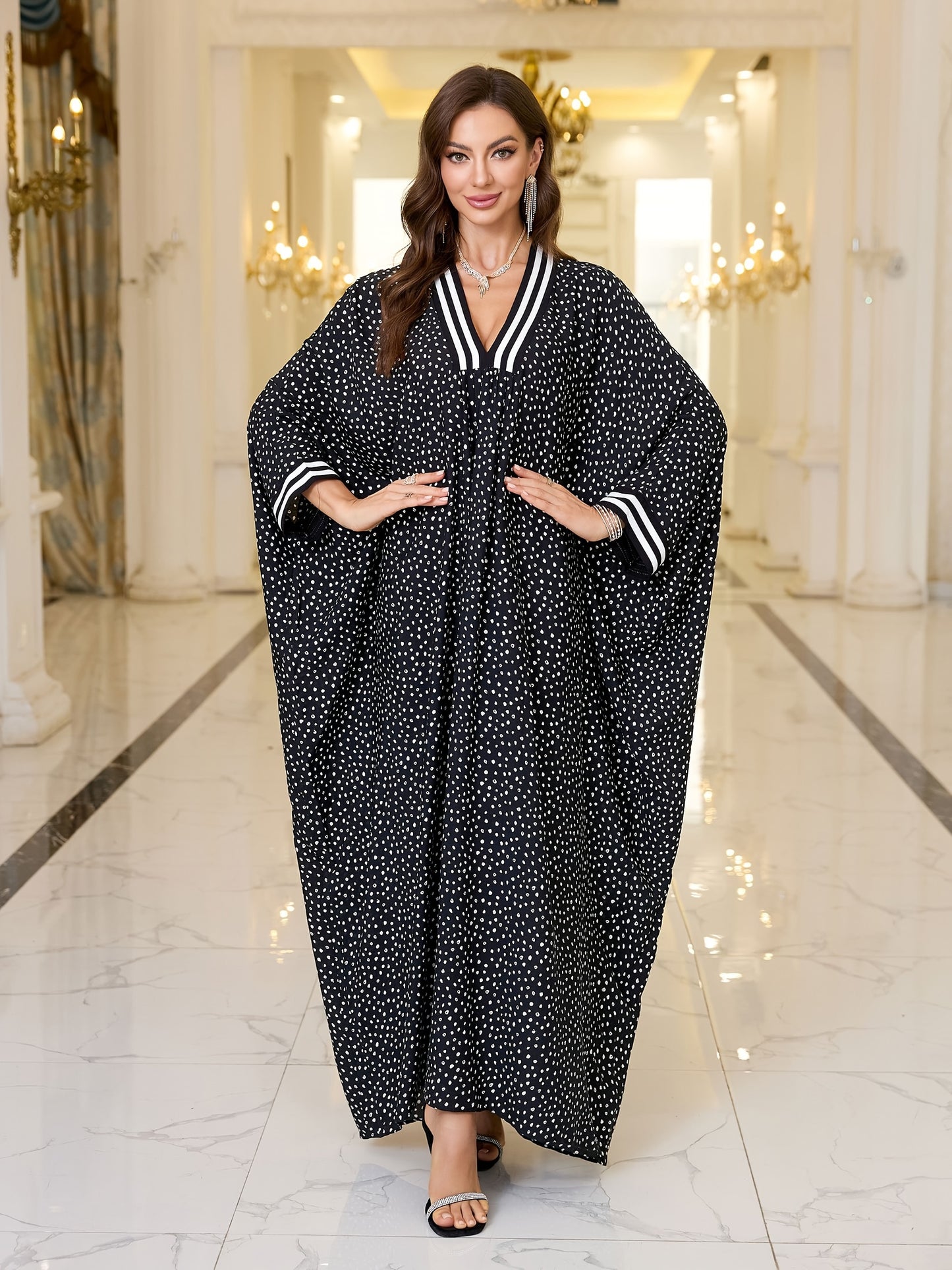 EDOLYNSA Women's Boho Style V-Neck Kaftan Dress with Polka Dot Print, Side Slit, and Batwing Sleeves. Made of 100% Viscose for Ramadan, Pop Dot, Vintage Clothing.