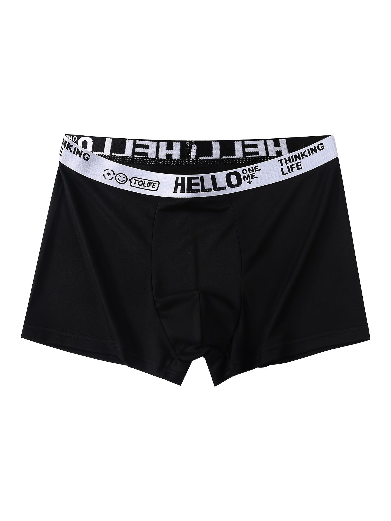 Three men's 'HELLO' Boxer Briefs made of breathable, stretchy, and quick-dry polyester-spandex blend. Features wide waistband, comfort fit, non-transparent, solid color. Machine washable.