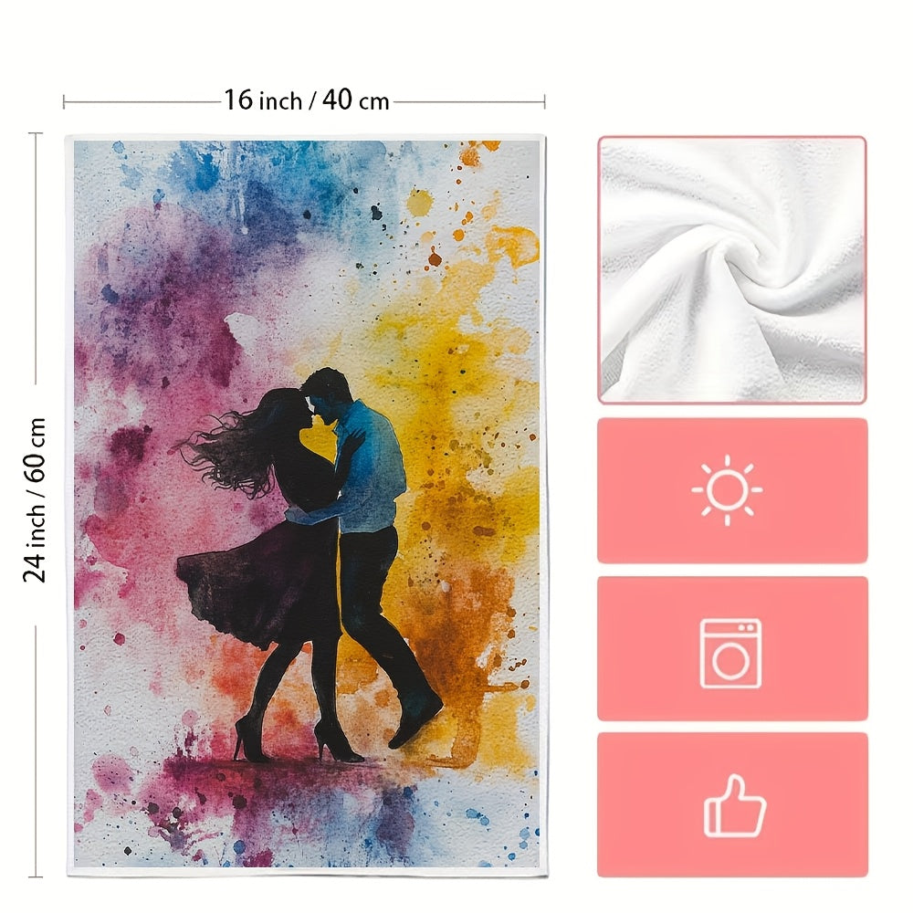 Experience the "Adventure of Love" with 2 luxurious Ultra Soft Kitchen Towels featuring a Dancing Couple Design. These towels are highly absorbent, machine washable, and come with a vibrant watercolor splash background. Measuring 40.64x60.96 cm, they are